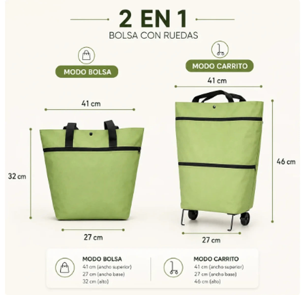 Medidas del bolso 2 en 1 en modo bolsa y modo carrito