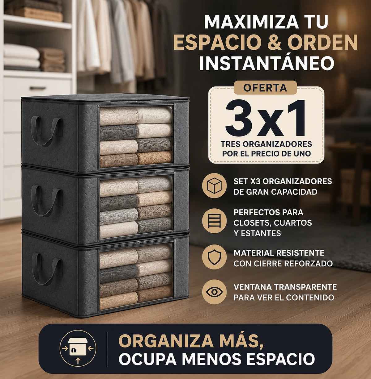 Set de organizadores plegables 3x1 para ropa