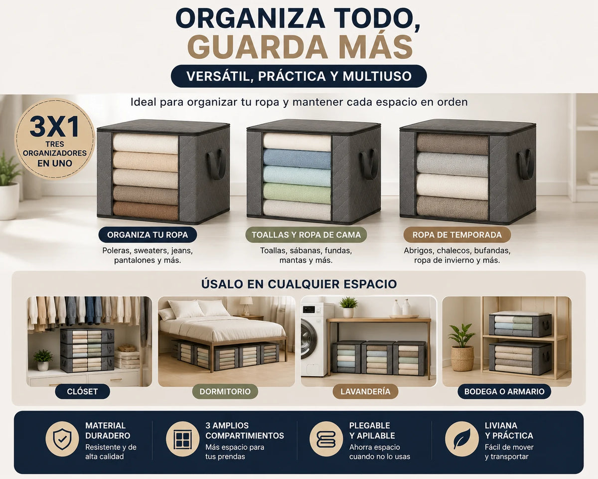 Usos del organizador en clóset, dormitorio, lavandería y bodega